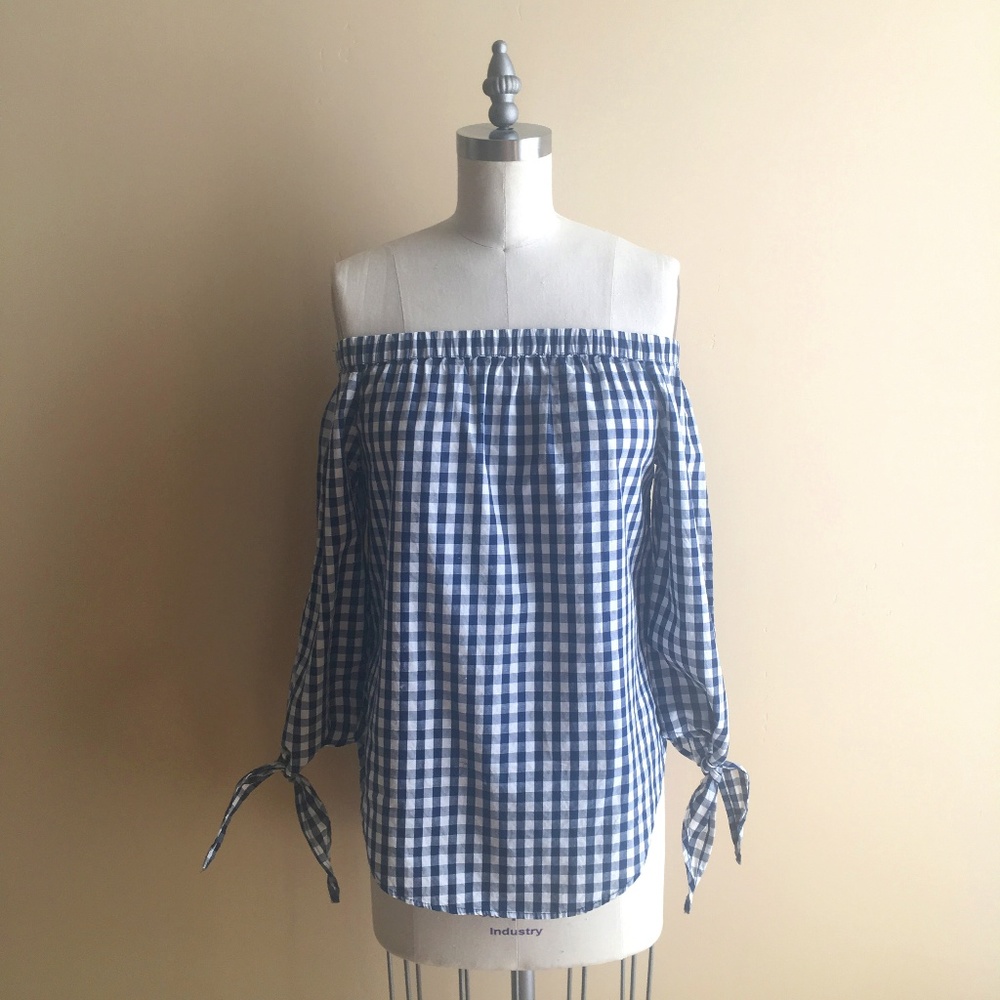 Off The Shoulder Navy Gingham Checked Top